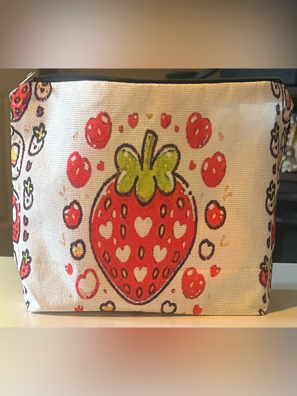 Strawberry Print Canvas Zipper Pouch - Stuffed with Beauty Products for Teenager - Picture 2 of 3